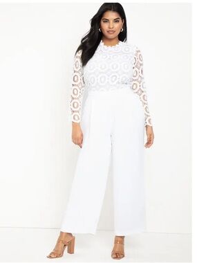 Eloquii Floral Crochet Crepe Wide Leg Jumpsuit Bridal Wedding White 16